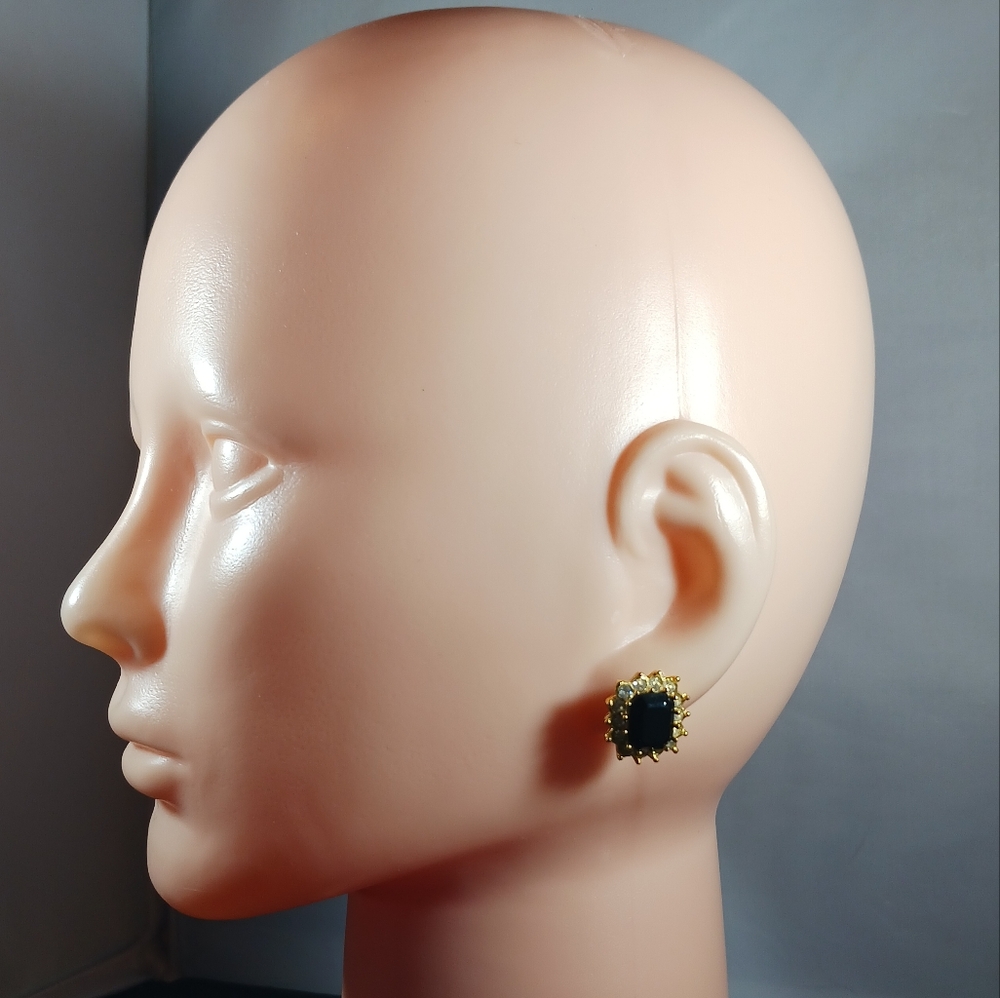 Vintage Roman Black Rhinestones  Gold Tone Pierced Earrings